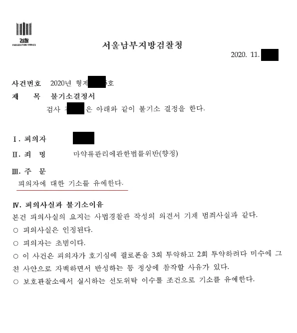 필로폰5회투약 기소유예