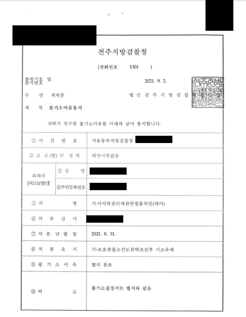 대마 흡연알선 기소유예