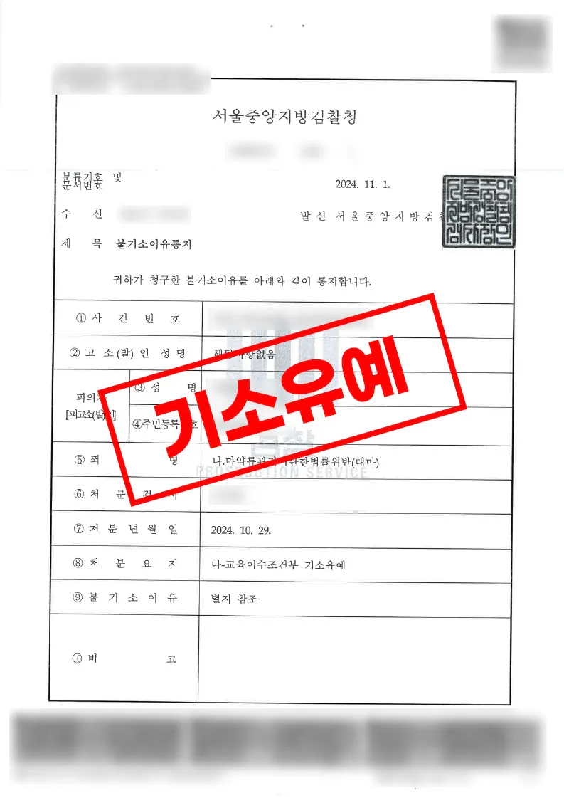 대마 흡연 1회 모발검사 음성 교육이수조건부 기소유예 처분 사례
